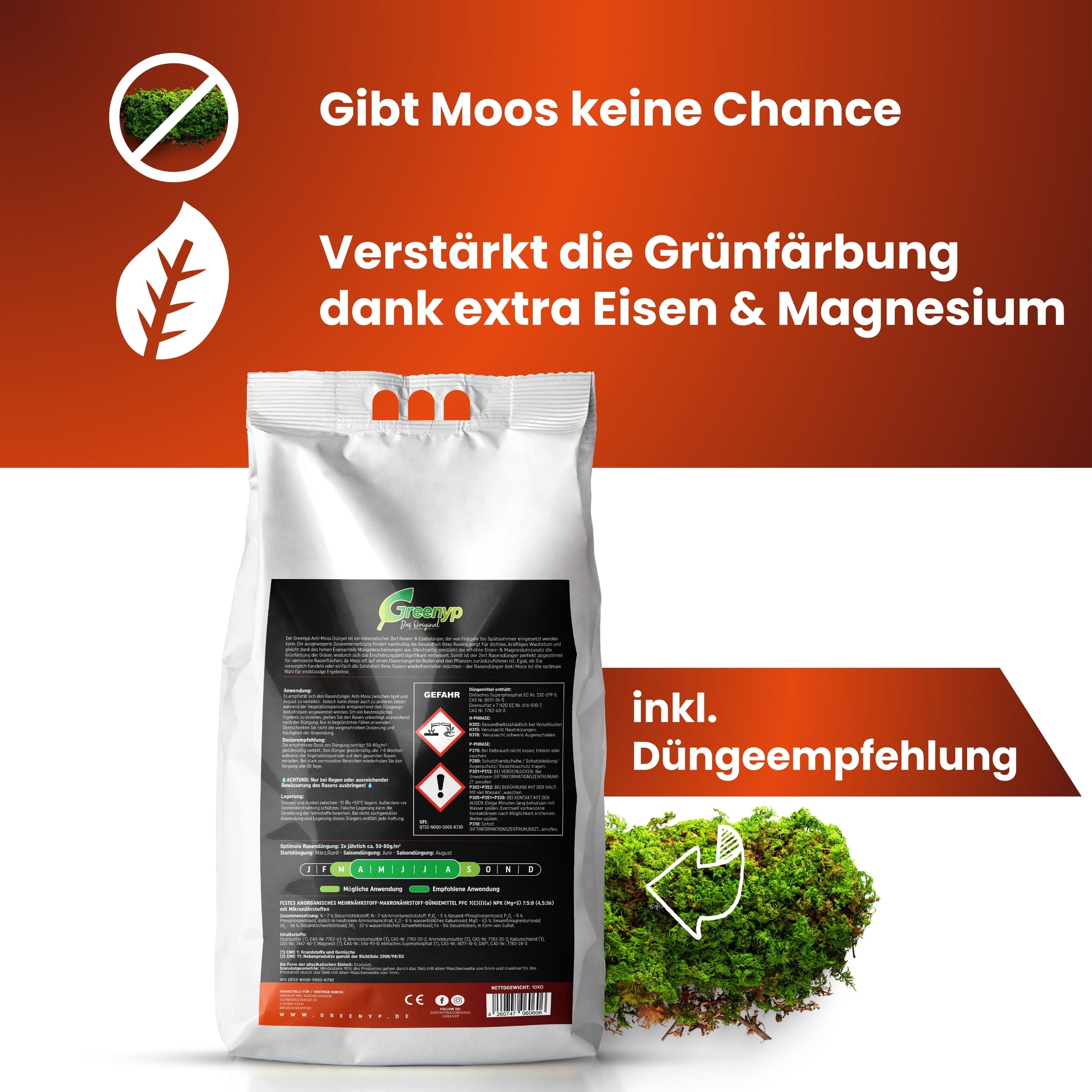 Anti Moos Rasendünger - 2in1 Rasen- & Eisendünger für Rasenflächen mit Moos