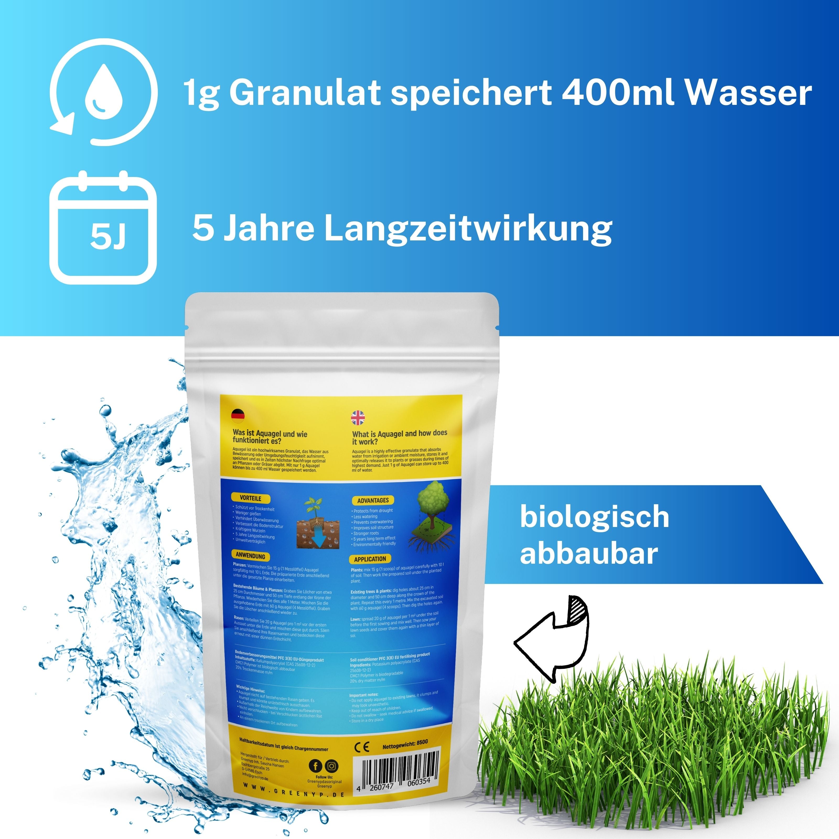 Aquagel - Langzeit Wasserspeicher Granulat für Pflanzen und Rasen
